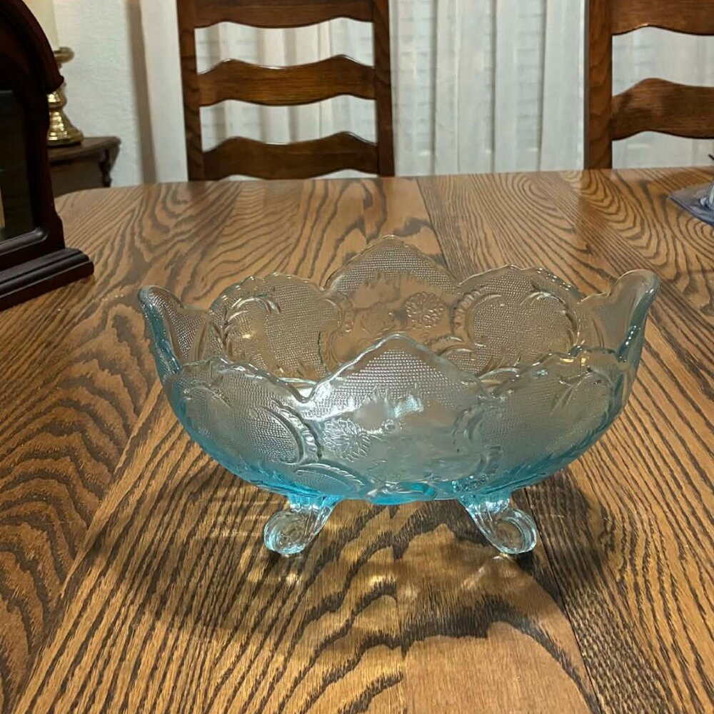 Aqua / Blue Pressed Glass Footed Fruit Bowl